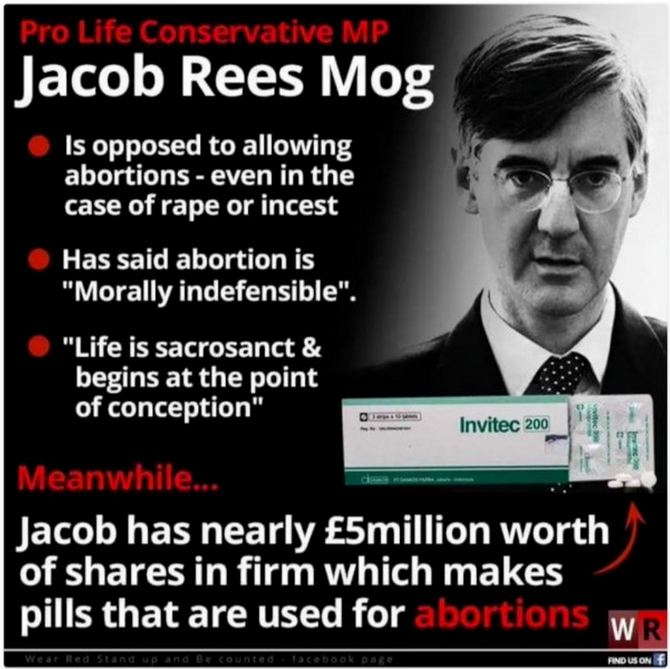 Saccaguru's tweet photo. Ree-Mogg has nearly £5 million shares in a firm
which makes pills that are used tor abortions.. https://t.co/62TWegKET2