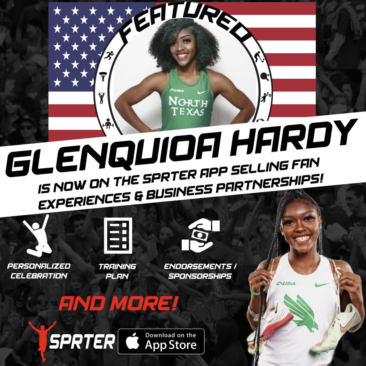 sprterapp's tweet photo. Today's #FeaturedSporter on our sport experience app #SPRTER ➡️🇺🇸🏃‍♀️ @glenquioa 🔥

Try the #SPRTERapp to learn more about Glenquioa, the experiences she offers in her #ExperienceStore &amp; the other🔝athletes on our app!

#sporter #nil #trackandfield #longjump #northtexas #unt #d1 https://t.co/RJfv36ESlz