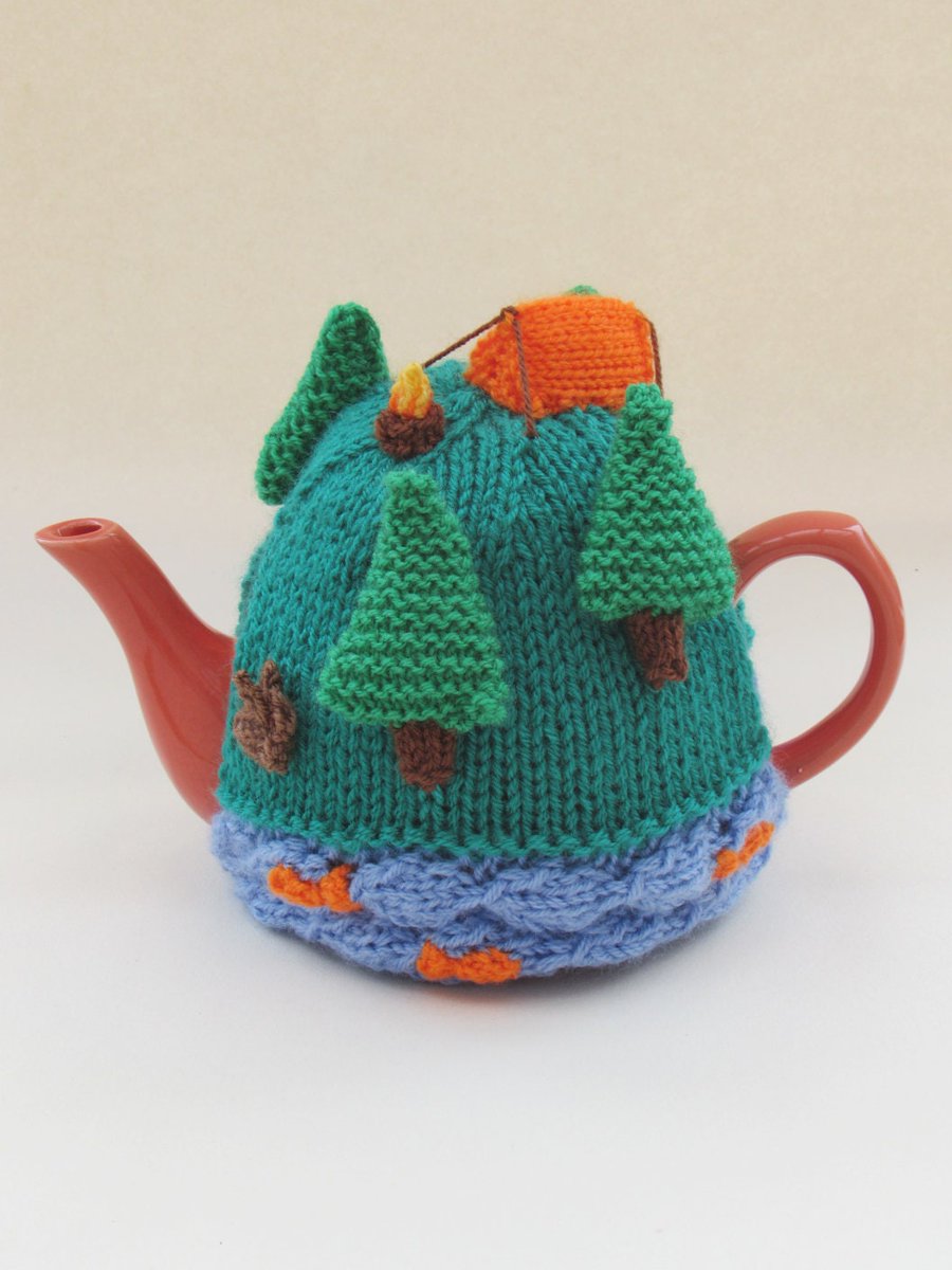 Off on a camping trip? Campsite Tea Cosy Knitting Pattern with little rabbits etsy.me/40YXrSw #knitting #teacosy #hobby #fishteacosy #river #riverbank #campingtent #campinggear #tentcamping #TeaCosyFolk