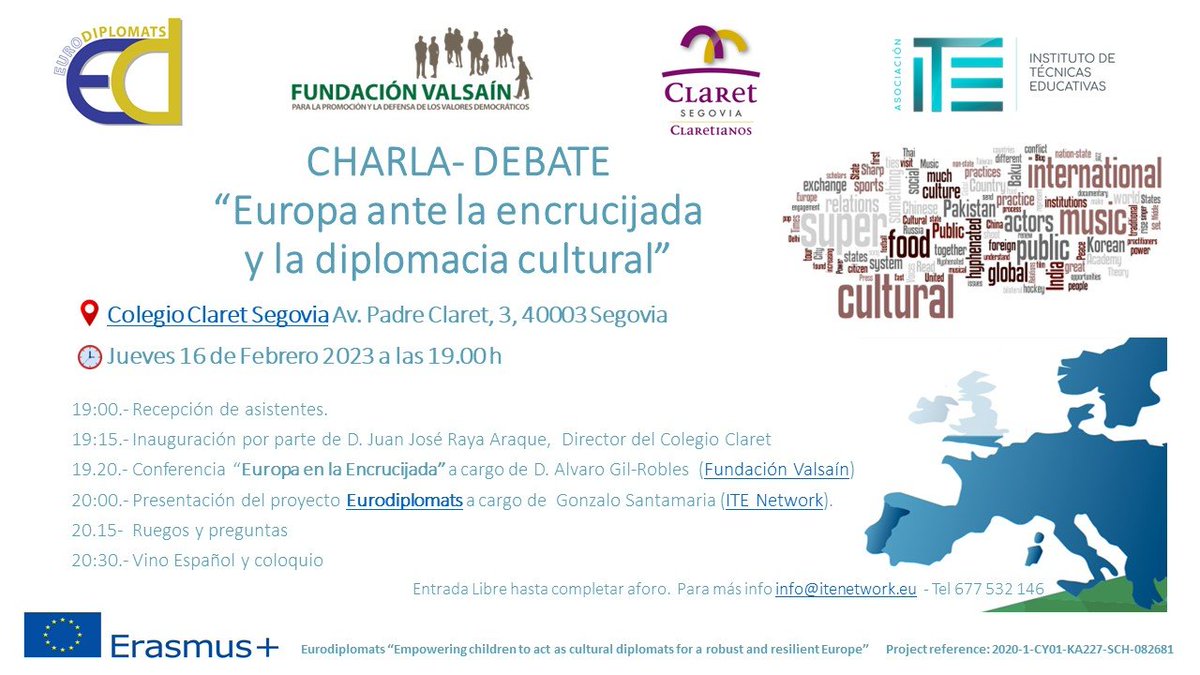 Ha llegado el día de nuestra charla  “Europa ante la encrucijada y la diplomacia cultural”  , hoy a las 19.00 en <a href="/Claretsegovia/">Claretsegovia</a> , organizado por ITE Network en colaboración con  @FundaValsain   #ErasmusPlus #CulturalDiplomacy #education #Europe  #Europa