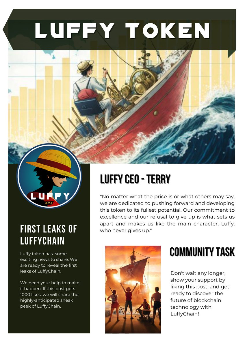 Luffy Soldiers, let's gather because #LuffyToken  has  some exciting news to share. We are ready to reveal the first leaks of #LuffyChain.

We need your help to make it happen: After this post gets 1000 likes, we will share the highly-anticipated sneak peek of LuffyChain. 
$LUFFY