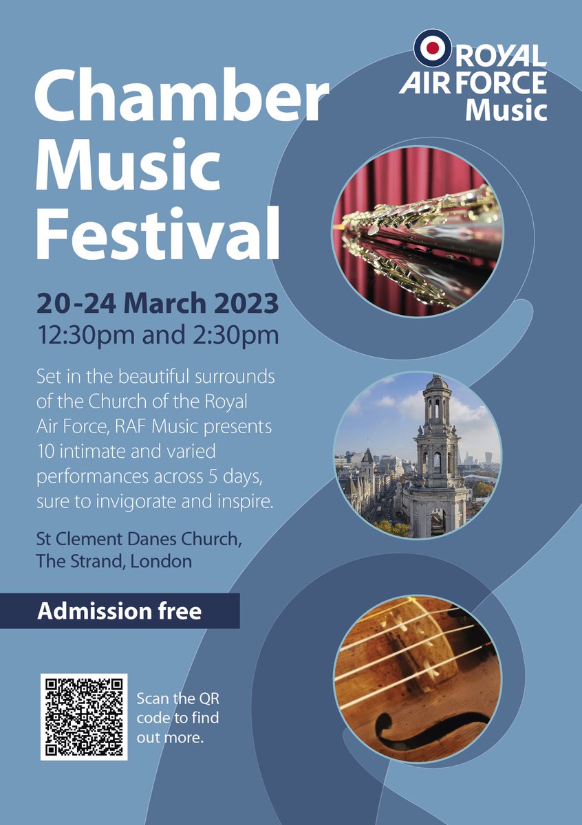 The #RAFMusic 🎺✈️🥁 #ChamberMusic #Festival takes place between 20-24 Mar 2023 at the beautiful St Clement 
@DanesChurch
 ⛪️ 

Please do join us if you can, for these #FREE #concerts 🎶 

#RAFMusic 🎺✈️🥁

#NoOrdinaryJob #RAF ✈️#NoOrdinaryGig 🎶 #RoyalAirForce