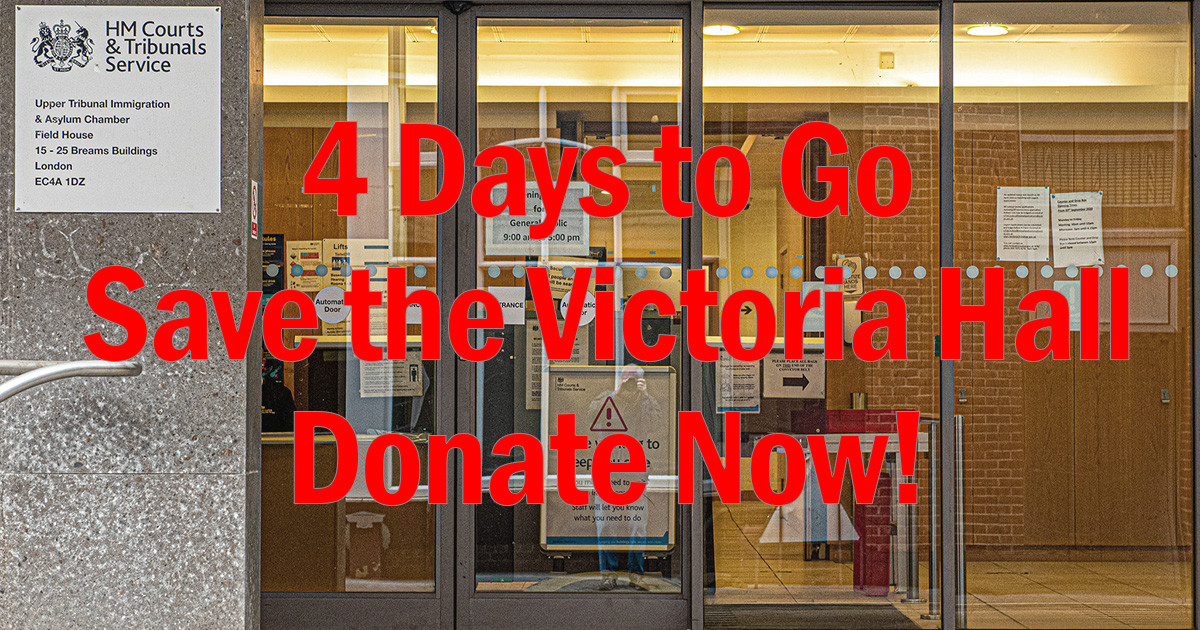 Four days to go to the hearing that could save #ealing’s Victoria Hall from becoming part of a luxury hotel. Donate: crowdjustice.com/case/save-the-… Since 1888 at the centre of community life, easy to get to from #Acton #Greenford #Hanwell #Northolt #Perivale and #Southall  #charities