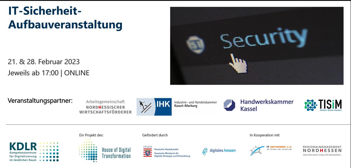 Nach den erfolgreichen Basisveranstaltungen in Nordhessen geht es weiter mit zwei Online-Aufbauveranstaltungen zum Thema Notfallplan bei Cyberangriffen und Social Engineering. Anmeldung unter: hodt-hessen.de/it-sicherheit-… 
#KDLR #Cyberangriff #ITSecurity #digitaletransformation