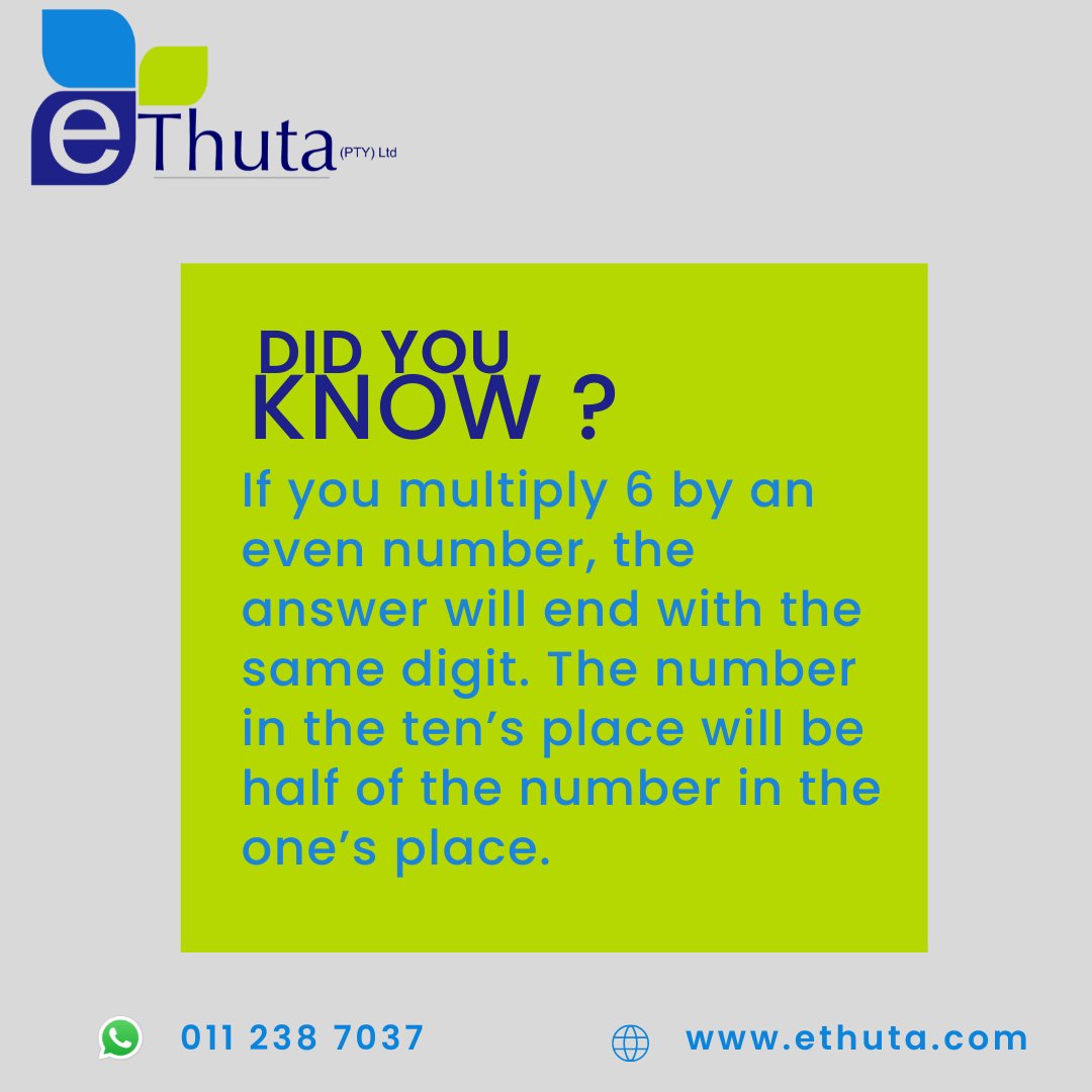 e_thuta's tweet image. DID YOU KNOW?

If you multiply 6 by an even number, the answer will end with the same digit. The number in the ten’s place will be half of the number in the one’s place.

#DidYouKnow #multiplicationtricks #mathematics #numbers