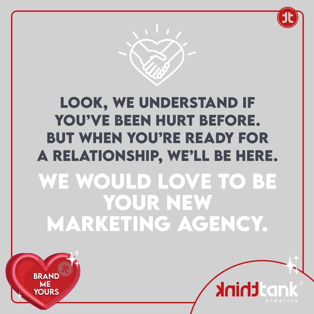 AKAThinkTank's tweet photo. We would love to set up a date and show you why we’re the right agency to start your new relationship with.
Contact 012 348 9756 | info@thinktank.co.za, we won’t wait 3 days to call you afterwards.
#thinktank #creative #agency #marketing #design #web #socialmedia #brandmeyours https://t.co/q1F8BXTaV5