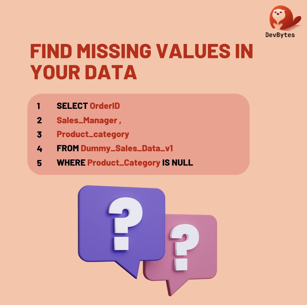 DevBytesApp's tweet image. Are you a SQL developer
.
.
Here is some tips for much better and clean use of codes on SQL
.
.
Some tips for clean use of database

Follow devbytes for more such content Link in bio!

#coder #sql #devbytes #command #Software #developer #programmer #Database #SQLServer