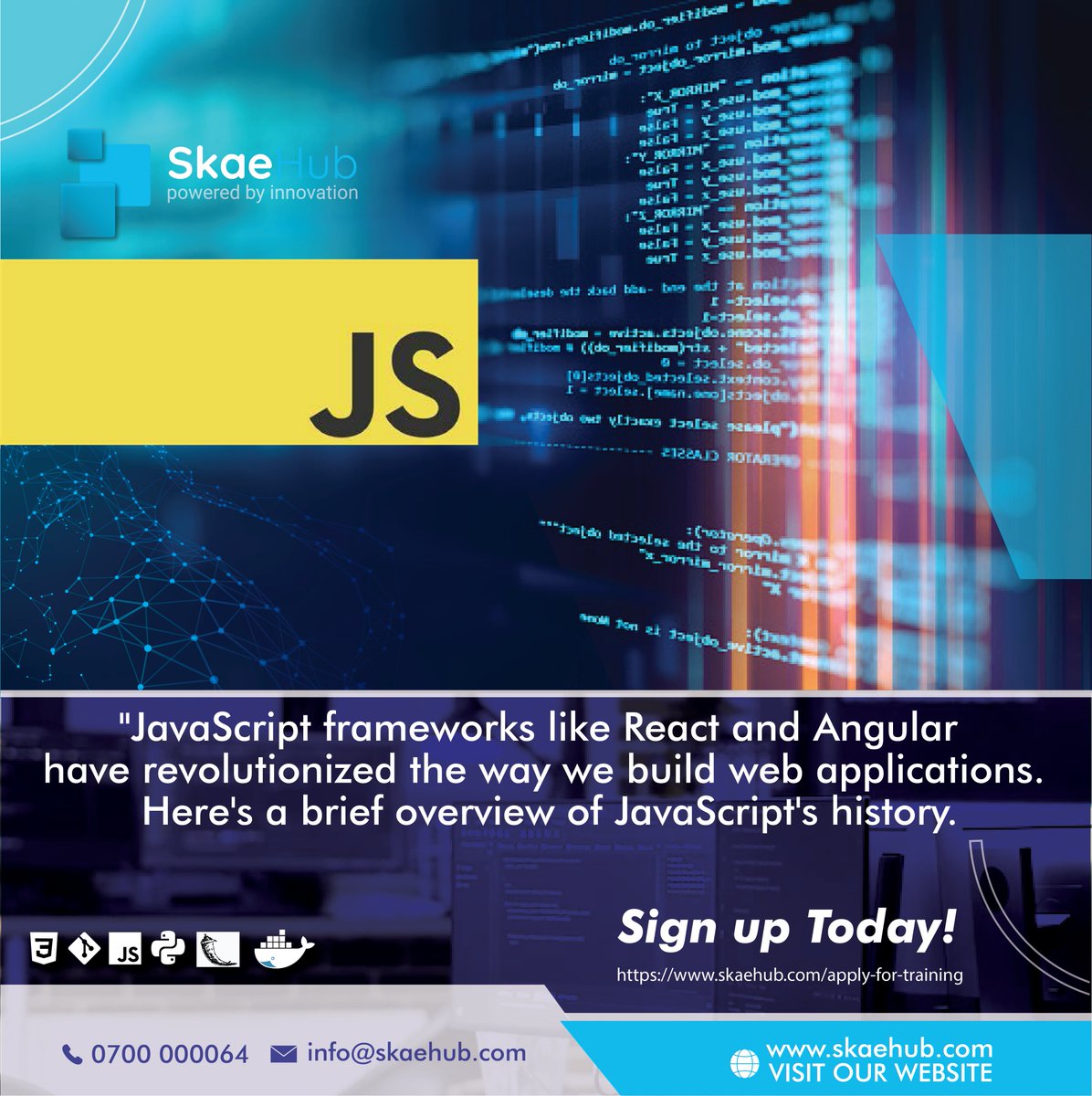 SkaeHub's tweet photo. Thread.

JavaScript frameworks like React and Angular have revolutionized the way we build web applications. Here's a brief overview of JavaScript's history:

Visit https://t.co/EYrBnZBtzj to check out programs that we offer or Contact us through 0700 000 064 https://t.co/tTKJ7lXieA