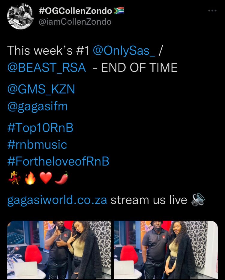 ⁦@jayzeerecords1⁩ ‘s talented ⁦<a href="/OnlySas_/">The Sassy One🌹</a>⁩ ‘s END OF TIME is now in the top 10 at #Top10RnB at ⁦⁦<a href="/gagasifm/">Gagasi FM</a>⁩. Congratulations maDlamini