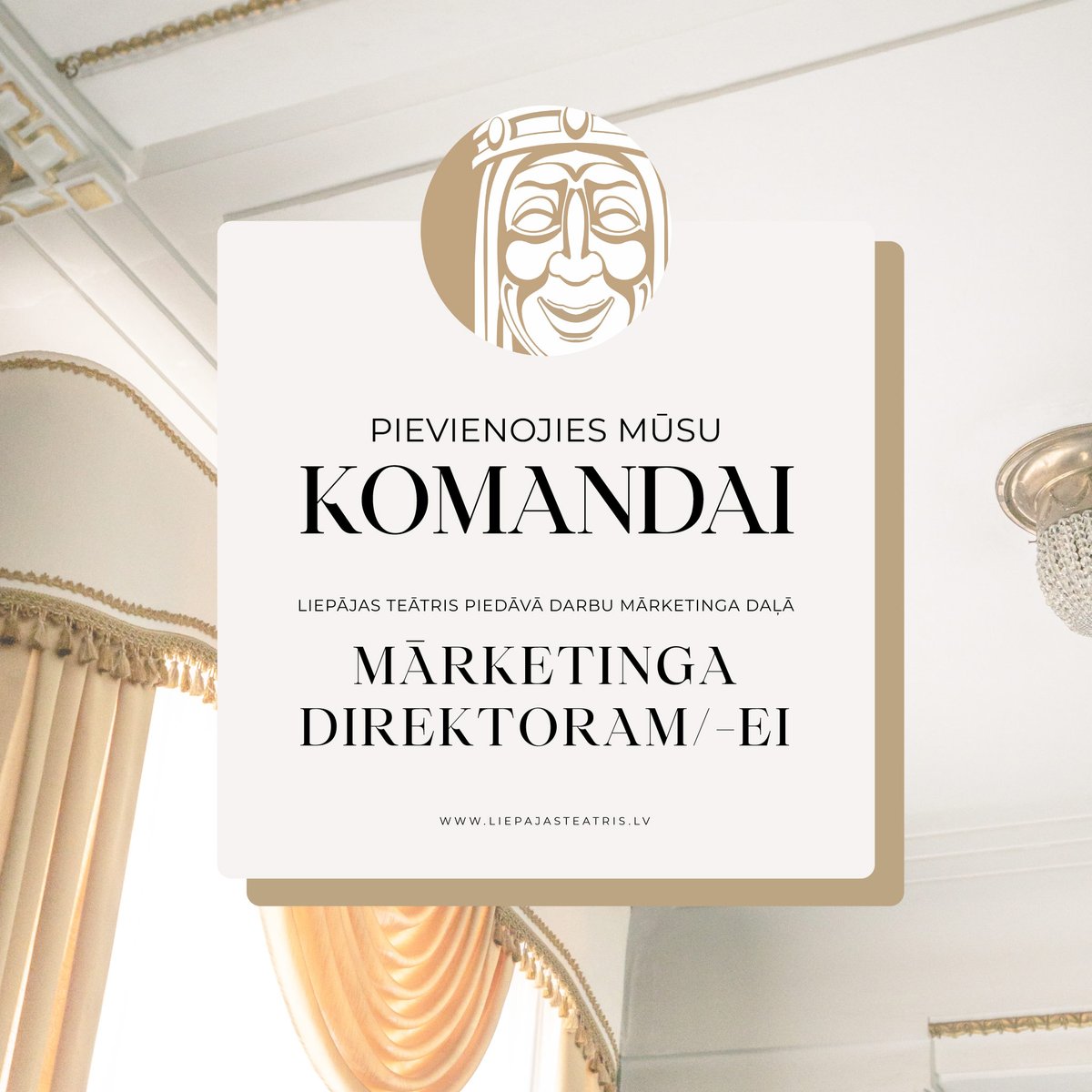 Ja vēlies radoši darboties un pierādīt sevi kultūras mārketinga jomā, pievienojies mūsu komandai!
Liepājas teātris piedāvā darbu Mārketinga direktoram/-ei. Darba uzsākšana 2023. gada maijā - jūnijā.
Vairāk info: liepajasteatris.lv/vakances/