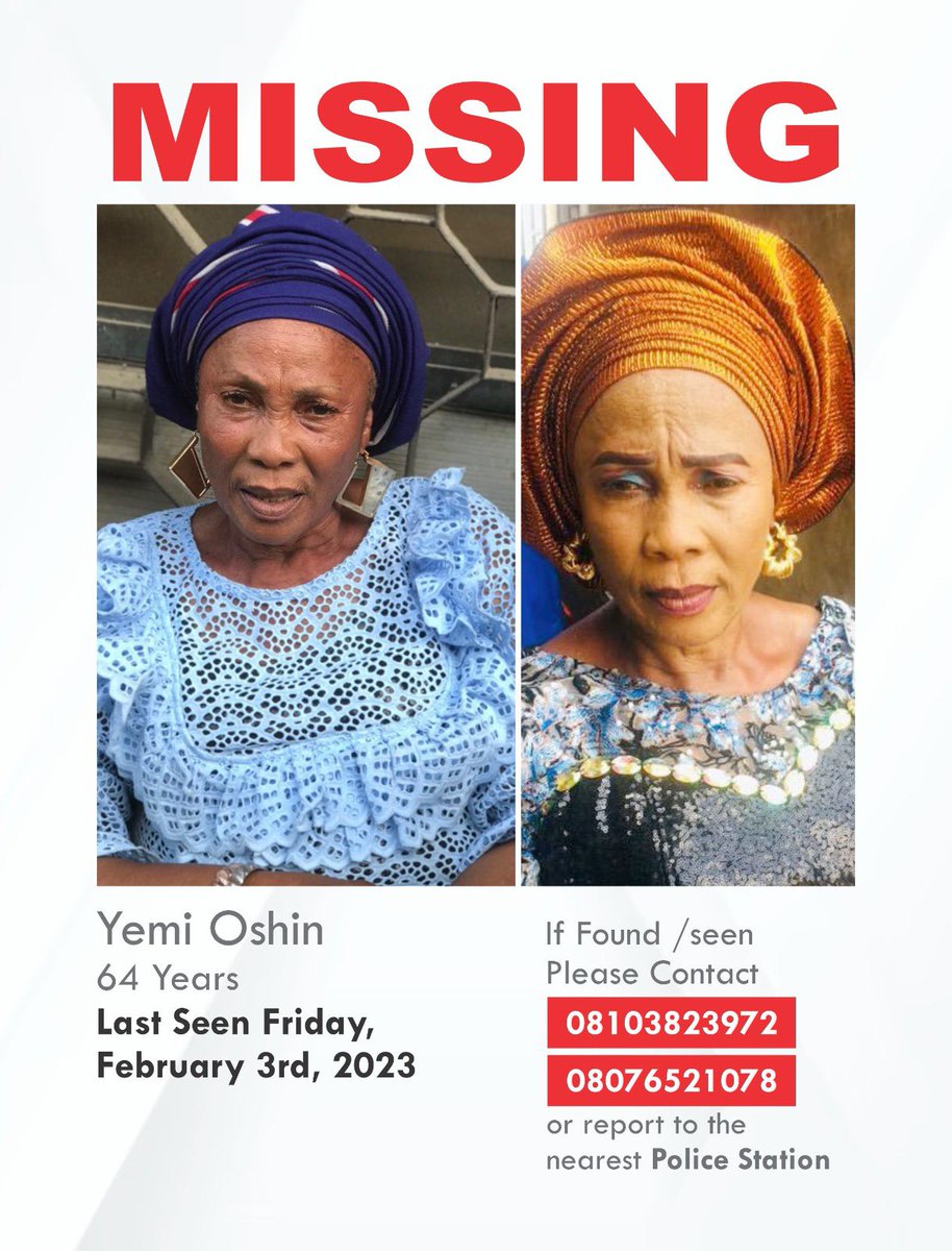 My mother left home on Friday,3rd of February that she want to get drug at igando my sister told her that she will go and get the drug for her but she refused and we haven't seen her since then. Her phone has been switched off since then. Please kindly help me retweet🙏🏼Thanks