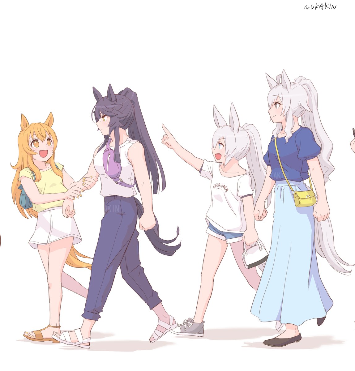 symboli rudolf (umamusume) walking multiple girls pants animal ears horse ears horse tail brown hair  illustration images