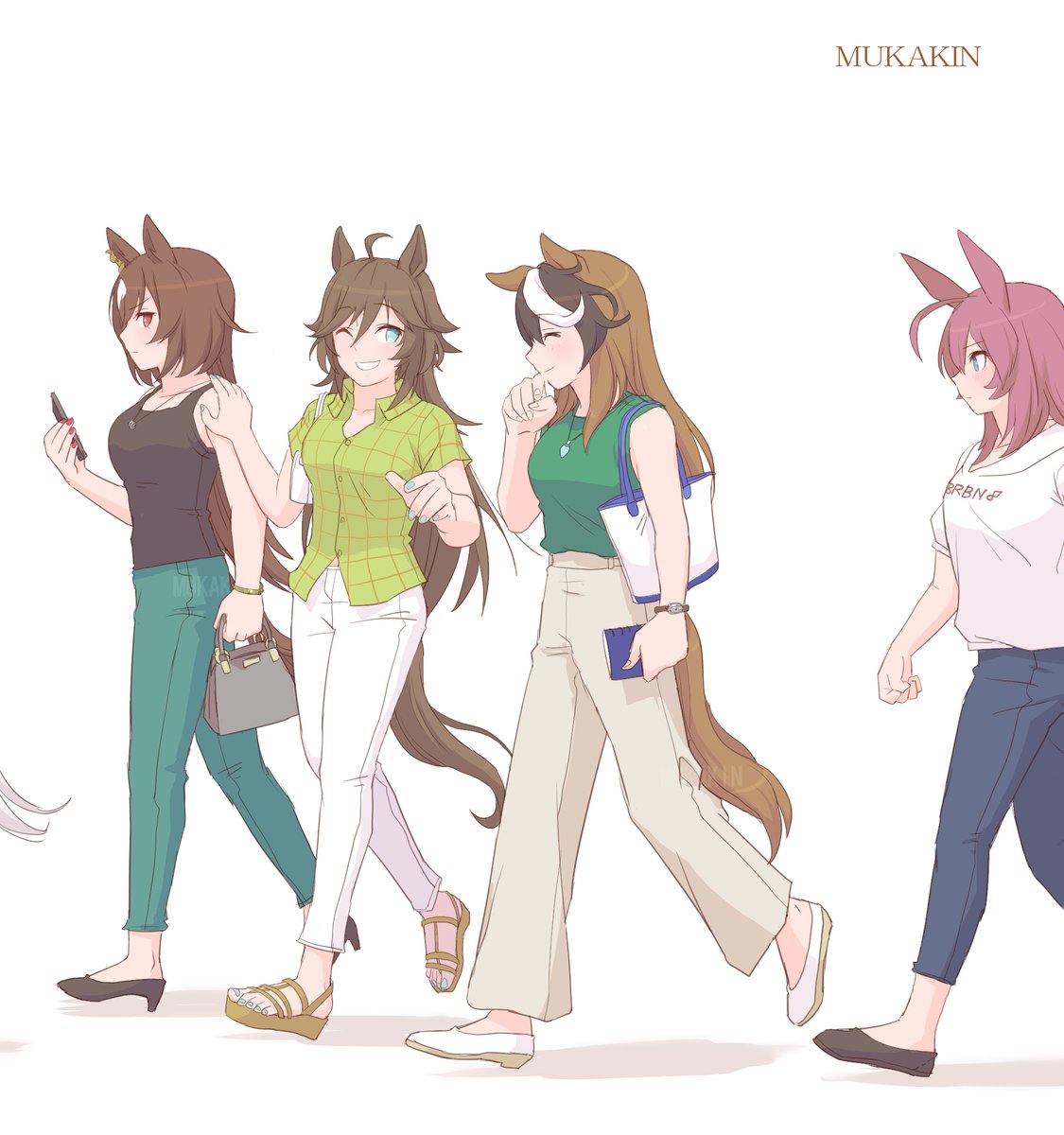 symboli rudolf (umamusume) walking multiple girls pants animal ears horse ears horse tail brown hair  illustration images