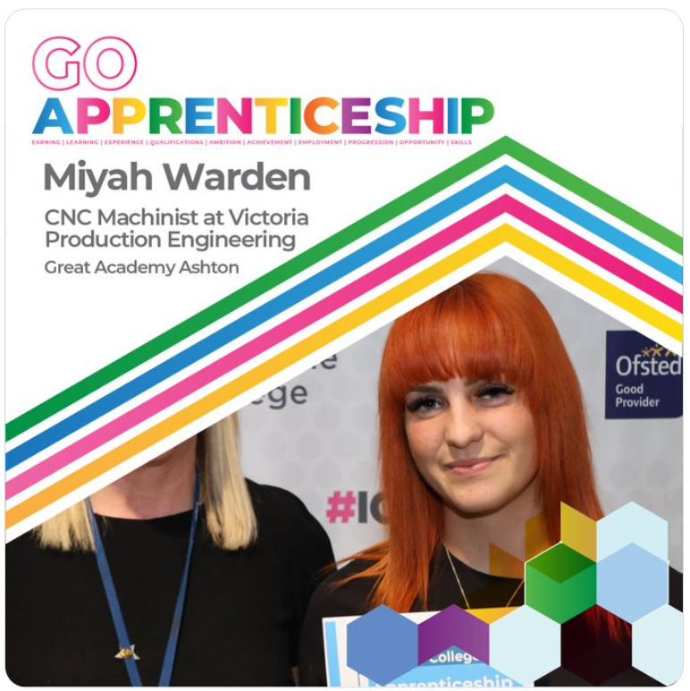 hydeglobal's tweet photo. At a recent Apprenticeship Awards evening held by Tameside College, Miyah Warden, CNC machinist at Victoria Production Engineering, was presented with an award for her development of new working practices and achievements in the business.  https://t.co/g7xnjqJDoN https://t.co/dIEfqpY8N8