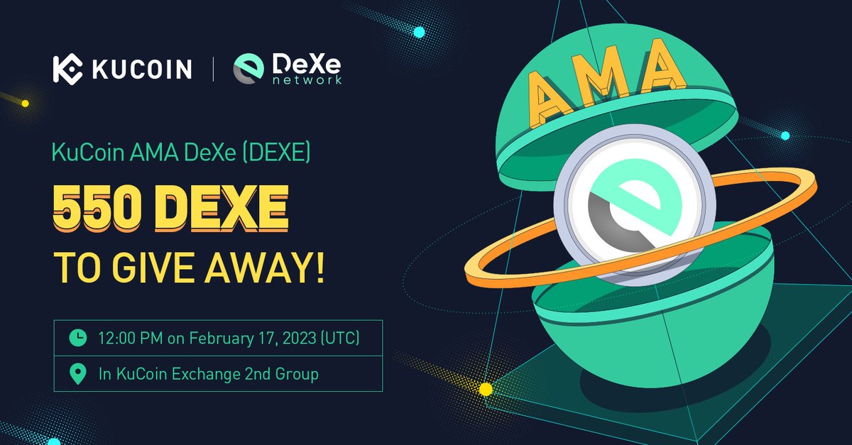 Join #KuCoinAMA with <a href="/DexeNetwork/">DeXe Protocol</a> !

⏰12:00 PM on February 17, 2023 (UTC)

12.75 $DEXE each to give away for 20 winners!

✅RT &amp; follow <a href="/DexeNetwork/">DeXe Protocol</a> <a href="/kucoincom/">KuCoin</a>
✅Join the AMA venue: t.me/KuCoin_Exchang…
✅Fill out this form:  forms.gle/Du7nWaAXq1Uw8w…