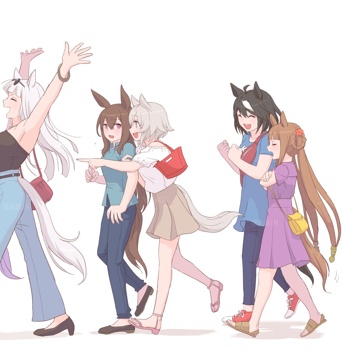 symboli rudolf (umamusume) walking multiple girls pants animal ears horse ears horse tail brown hair  illustration images