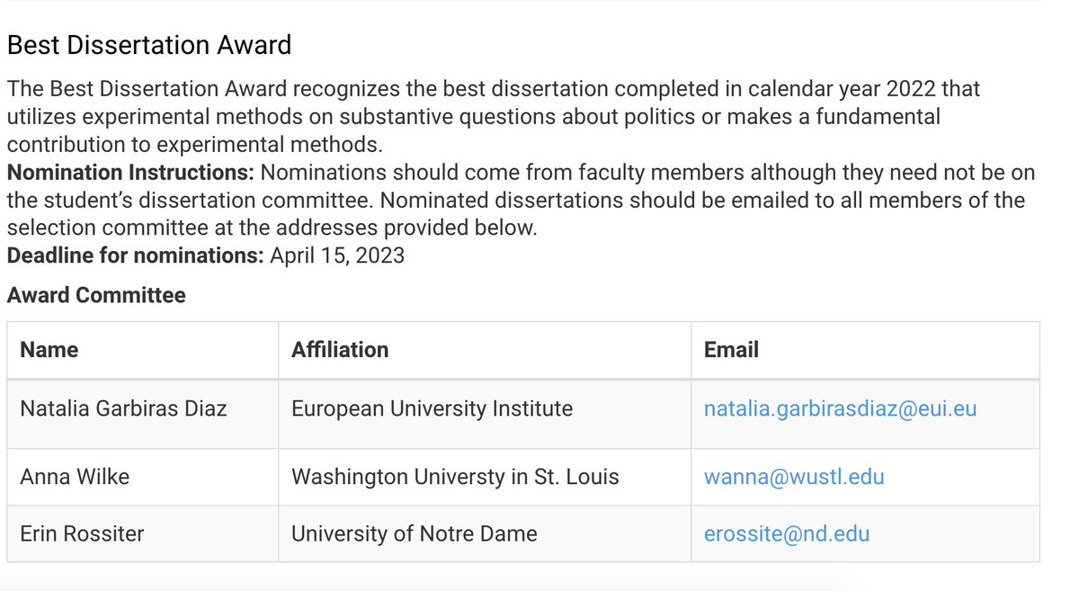 🚨We invite faculty to nominate dissertations for the APSA Experimental Research Section's Best Dissertation Award that use experimental methods to answer political science questions or make methodological contributions to experimental methods. @JEPS_ed @ArielRWhite
