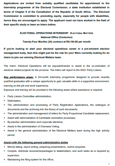 yuthconnect's tweet photo. 📌IEC

- Electoral Operations Internship:

National Office (Centurion)
24 Month contract at R9,104.00 pm

Electoral Operations will be exposed/trained or assist in the co-ordination of electoral related projects for the province. The Intern will report to the SAO: Party Liaison https://t.co/QMsLarbdS3