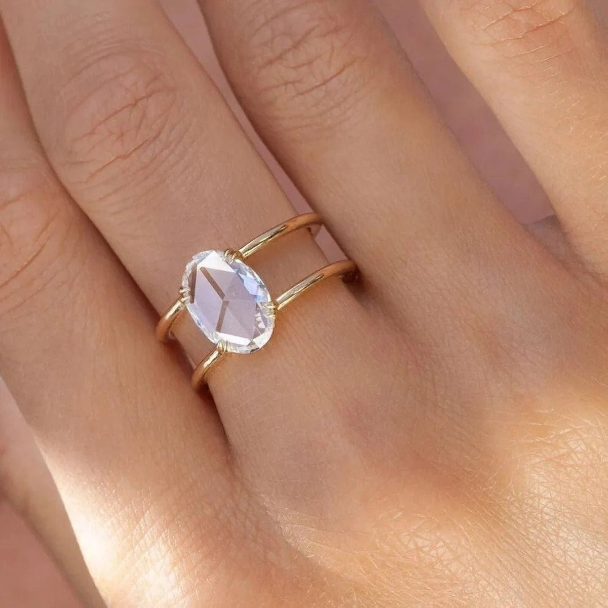 3.45 CT Oval Rose Cut Double Band Ring Oval Solitaire Moissanite Ring etsy.me/3EbaW7Q #rosegold #ovalcut #diamondring #vintagering #solitairering #ringforwomen #promisering #weddingring #uniquering #foreverring #platinumring #anniversarygifts