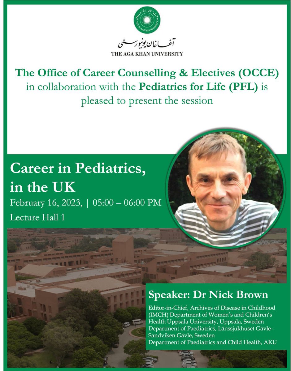 🌟 HAPPENING TODAY 🌟

🚨 The Office of Career Counselling &amp; Electives (OCCE) in collaboration with PFL is pleased to present a session on “Career in Pediatrics, in the UK” by Dr Nick Brown on Thursday, February 16, 2023, at 05:00 pm (sharp) at Lecture Hall 1. 🚨