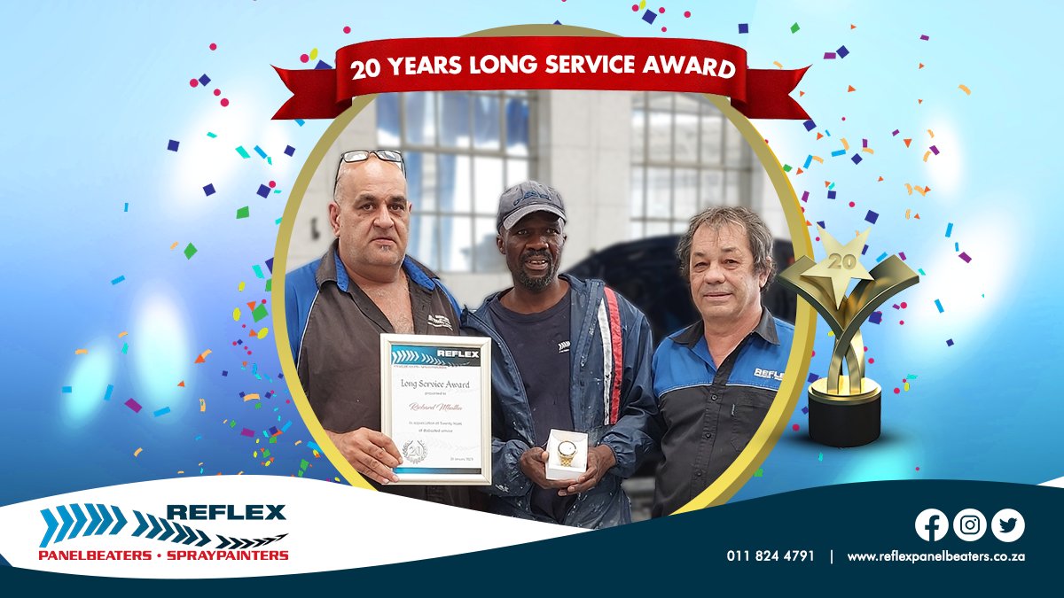 RPanelbeaters's tweet photo. Congrats to Richard Mabatha (centre) for completing #20years of #service at Reflex. Managers Carlos Pereira (left), Carlos Pataco (right) #spraypainters #panelbeaters #autorepair #carrepair #longservice #dedication #team #happyemployees #employeerecognition #employeespotlight https://t.co/BuC4EWYe52
