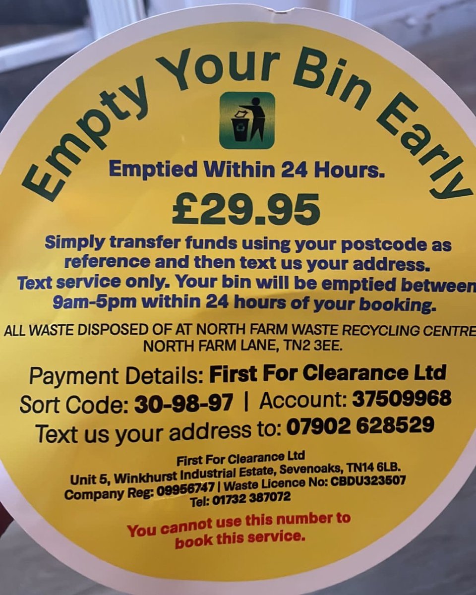 We’ve been made aware of a company, independent of us, attaching stickers to bins offering to empty them within 24 hours in the Tonbridge area.  While this seems to be a legitimate service being offered, it is in no way affiliated to us or the services we provide.