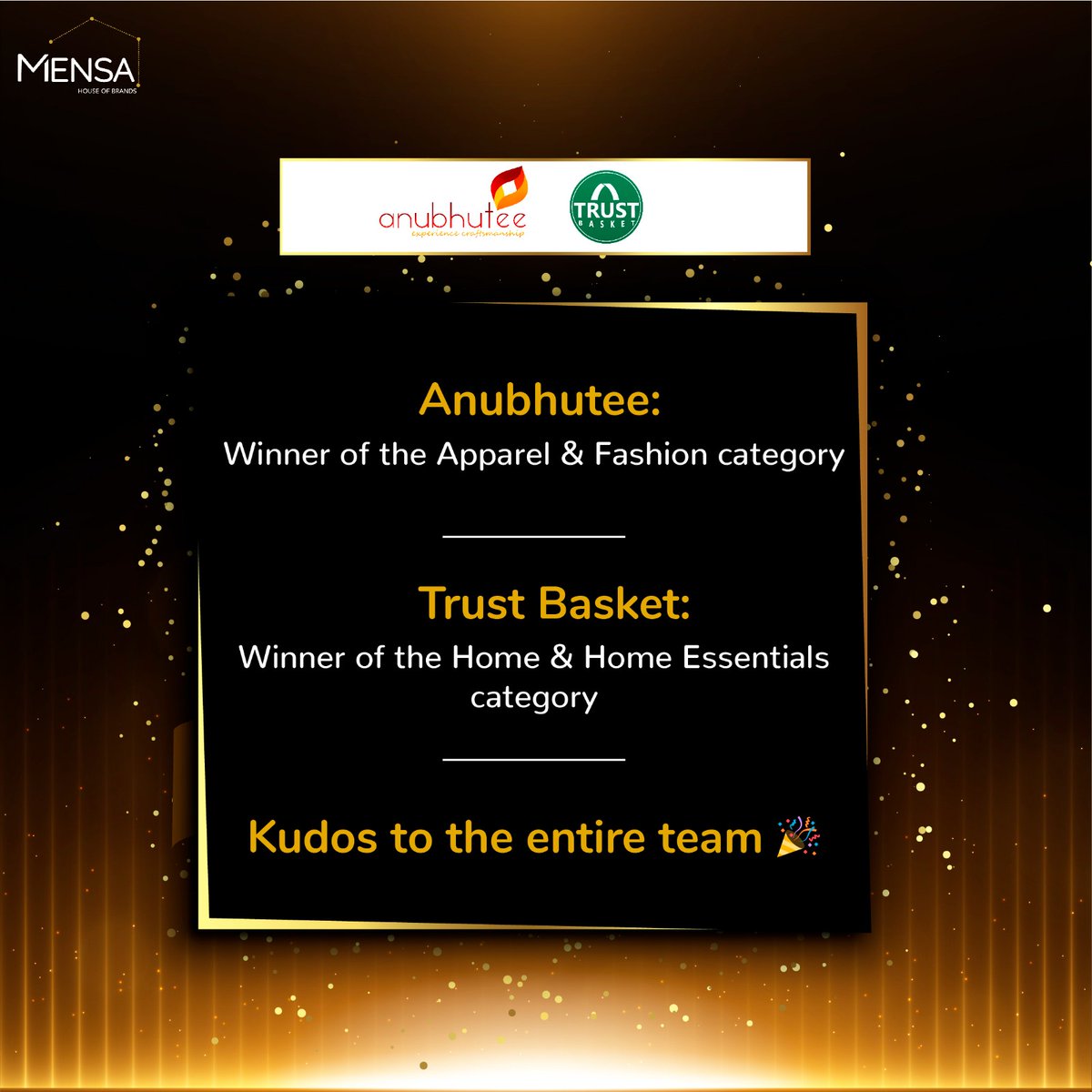 A big congratulations to the team @MensaBrands!

Kudos to team Anubhutee & @TrustBasket for their win in the category Apparel & Fashion and Home & Home Essentials respectively 🎉🎉

#Winners #MensaBrands #TeamBuilding #LeadershipAwards #d2c #d2cbrands #d2cindia