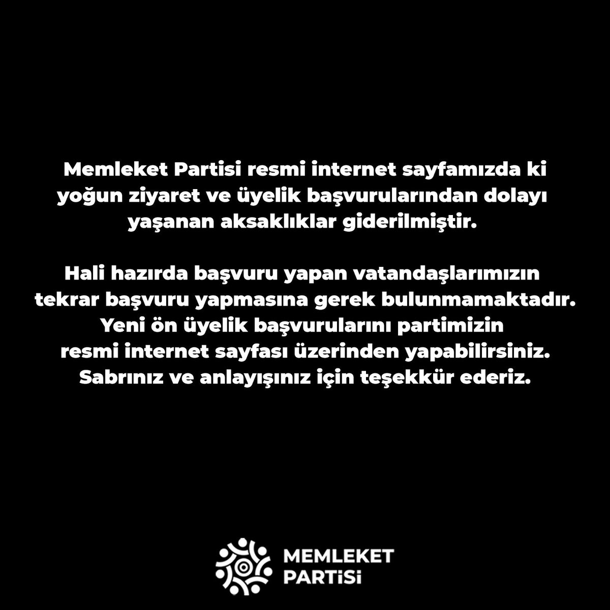 MemleketimParti's tweet photo. Partimizin resmi internet sitesinde ki yoğun ziyaret ve üyelik başvurularından dolayı yaşanan aksaklık giderilmiştir. Sabrınız ve anlayışınız için teşekkür ederiz. https://t.co/bqGTb2fqlw