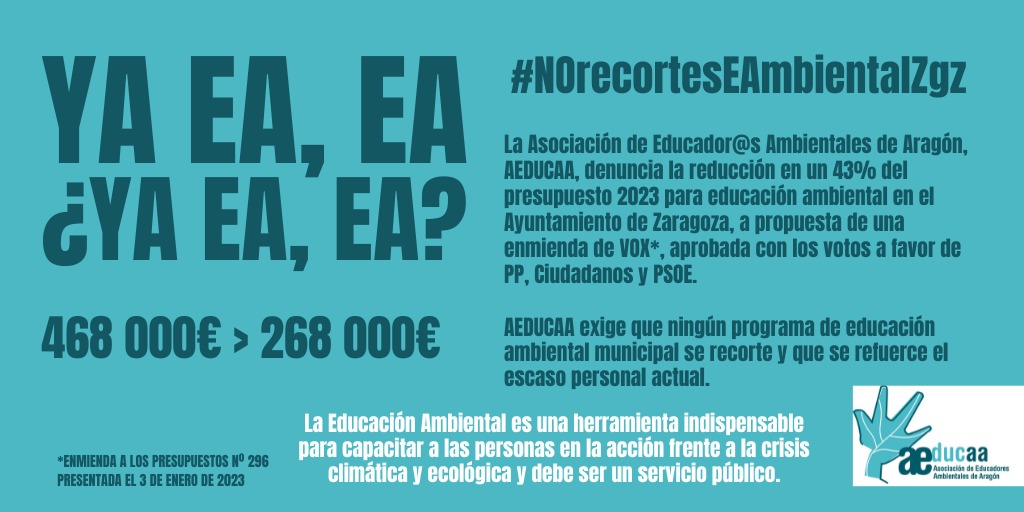 AEDUCAA's tweet photo. Denunciamos el recorte en un 43% presupuesto de #EducaciónAmbiental de 2023, 200.000€, del Ayuntamiento de @zaragoza_es por una enmienda de @VoxZaragoza con el apoyo de @ppaytozaragoza @CsZaragoza_ y @SocialistasZGZ. #NOrecortesEAmbientalZgz

https://t.co/j7jdQpCKRr https://t.co/kkpxGcQoue