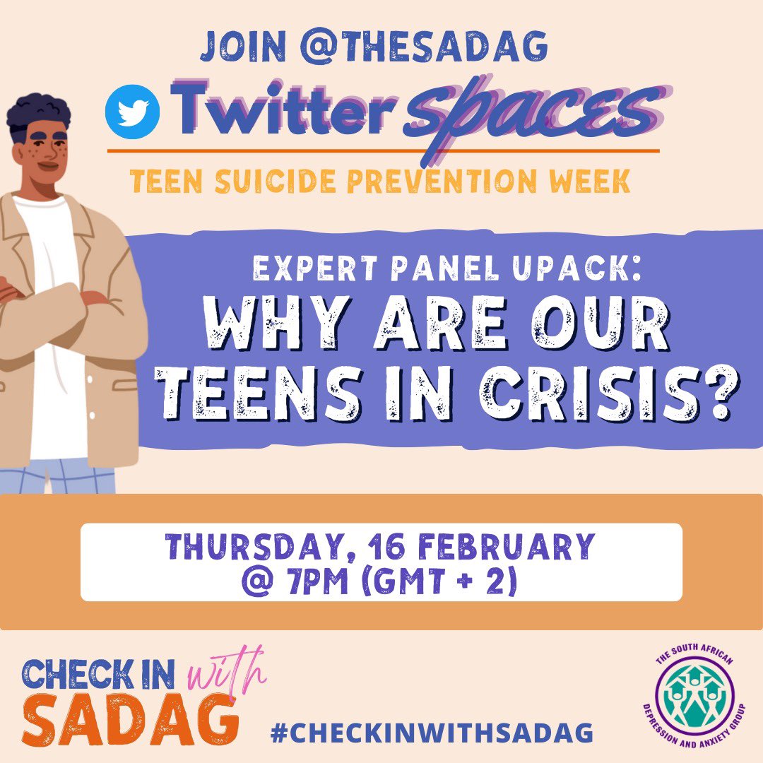 YayaRSA's tweet photo. Hey fam, join @TheSADAG tonight at 19h00 for Teen suicide prevention week, share this witb someone who might need to be part of this, in fact, I think we all do. #CheckInwithSADAG
#CheckIn
#StopTeenSuicide https://t.co/CAvSzRP4Es