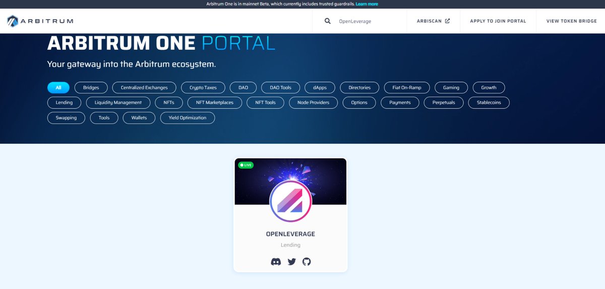 OpenLeverage's tweet photo. #OpenLeverage is now officially listed on @arbitrum One Portal 🚀
#OLers & #Arbinauts 👨🚀 check it out today:
▶️https://t.co/b7M3uon1Uq https://t.co/1JQBbQsI9W