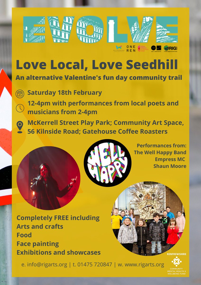 onerenculture's tweet photo. Love local, love Seedhill!
Join the EVOLVE project for their biggest fun day yet, with live music, arts &amp; crafts, food + more! 
This Saturday 18th Feb, 12 – 4pm

More info👉 https://t.co/MYcx10EGYd

@RIGArtsGreenock @WilliamsburghHA @CultureColSco @CreativeScots @EngageNews1 https://t.co/wkPLYWVOlG
