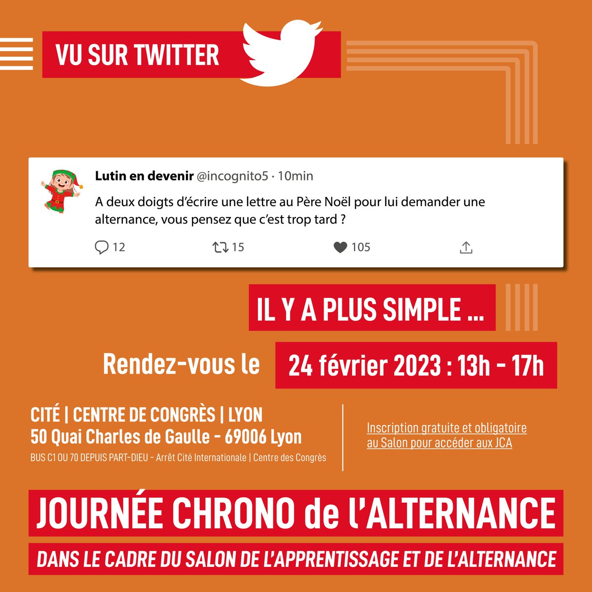 👀 #VuSurTwitter une personne qui croit encore au Père Noël !😅
👉Tu es dans le même cas que lui ? Rendez-vous le 24 février de 13h à 17h à la Cité de Congrès de #lyon !
🔎Découvre les offres d'emploi et rencontre des entreprises qui sont à la recherche de leurs futurs talents !