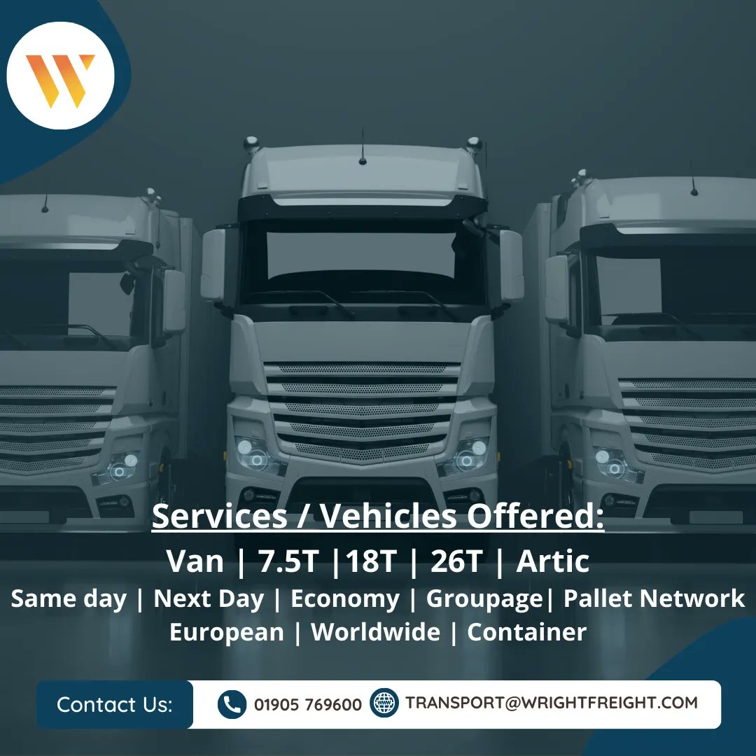 Wright Freight (@wrightfreight) on Twitter photo Full range of Transport Solutions from:
Part loads / Full loads and Groupage.
Same day / Next day or economy via Pallet networks.
Dedicated Vehicles Vans upto Artics.
Same day urgent Vans.
Call now 01905 769600 or email transport@wrightfreight.com
#MovingFreightForward Full range of Transport Solutions from:
Part loads / Full loads and Groupage.
Same day / Next day or economy via Pallet networks.
Dedicated Vehicles Vans upto Artics.
Same day urgent Vans.
Call now 01905 769600 or email transport@wrightfreight.com
#MovingFreightForward