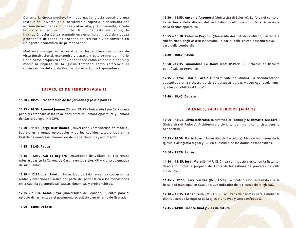 imfcsic's tweet photo. 23-24 de febrero, se celebrará en la IMF-CSIC el seminario "Medir la riqueza de la Iglesia en el sur de Europa durante la Baja Edad Media: fuentes y propuestas de análisis" para debatir sobre el papel de la Iglesia como agente económico durante época bajomedieval #Ricat #Refiscat https://t.co/GUPaLKBfnn