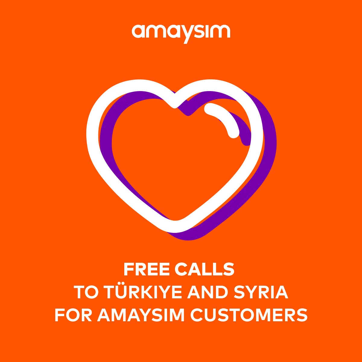 Customers in Australia with loved ones in Türkiye and Syria can take advantage of free standard international calls to both countries until 31 March 2023, making it a little easier to stay connected. Please note text messages are not included in this offer.

Big Love, amaysim🧡