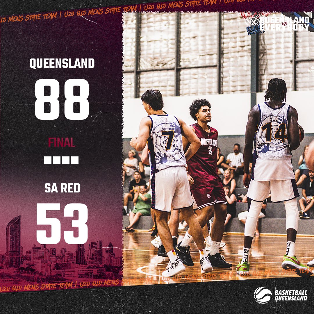 𝗨𝟮𝟬 𝗠𝗲𝗻 | 𝗙𝗶𝗻𝗮𝗹 𝗦𝗰𝗼𝗿𝗲 📬 
QLD Men keep it rolling taking down SA Red 88-53. They move on to Quarter-Finals tomorrow! 
#QueenslandvsEverybody