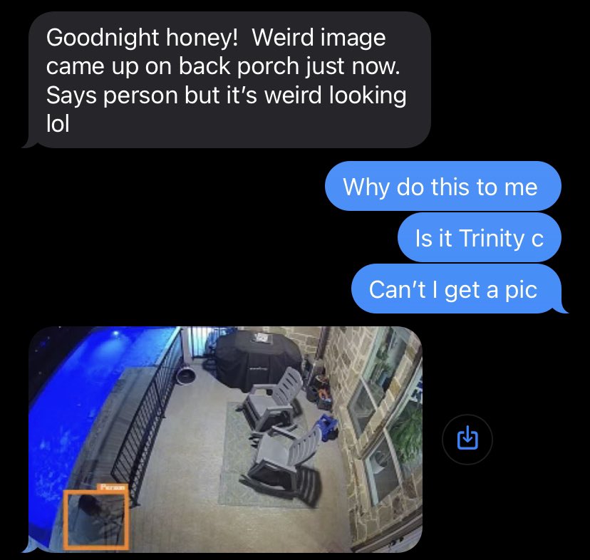 Graebootz's tweet photo. Parent out of town and I’m home alone. I get this text in the middle of the night. Discord has concluded it’s probably not a skinwalker, just don’t let it in the house just in case. https://t.co/8yFGKPj6rE