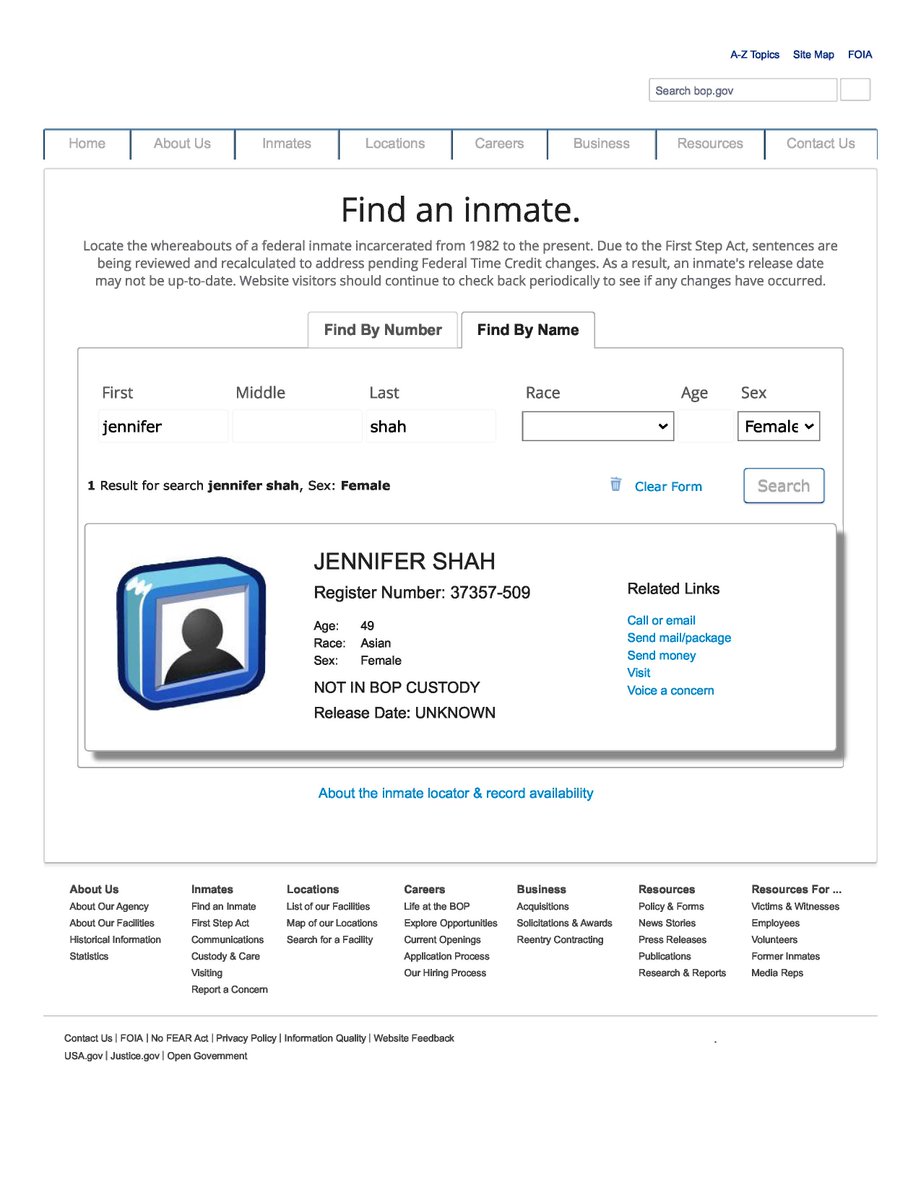 RonaldRichards's tweet photo. ⌛️⌛️Jennifer Shah is surrendering in less than 48 hours.  Here is her assigned registration number.  You use this to track her movements and release date.  We are now past any legitimate or doable attempt to delay this any longer, her incarceration is going to start. #shafraud https://t.co/jTqULFrOwd
