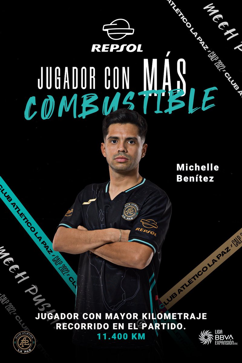 atleticolapaz's tweet photo. ⛽️ | @repsolmexico presenta: El jugador con más combustible. 

@M_benitezv15 es el jugador del equipo paceño que recorrió las kilómetros durante el partido de J7 con 11.400km

#SomosPAZion https://t.co/gnYB9KohRN