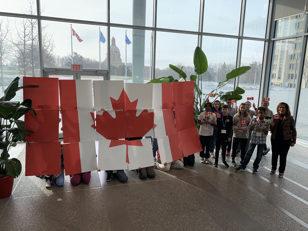 LtGovAB's tweet photo. After their visit, Her Honour joined the rest of the wonderful Gr. 6 class from St. John Bosco School in Edmonton while they created a living flag to celebrate the 58th birthday of Canada’s beloved maple leaf! #Canadianflag @StJohnBoscoYEG #SATL https://t.co/OdbhW7m28V