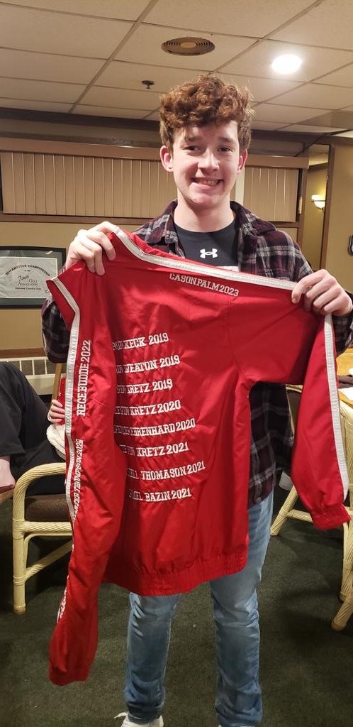 Congratulations to our senior captain Cason Palm!  Cason has earned our team voted US award and has his name stitched on the US team jacket! 
US (who we are as a team): Integrity, Honesty. Hard Work, and Sportsmanship
