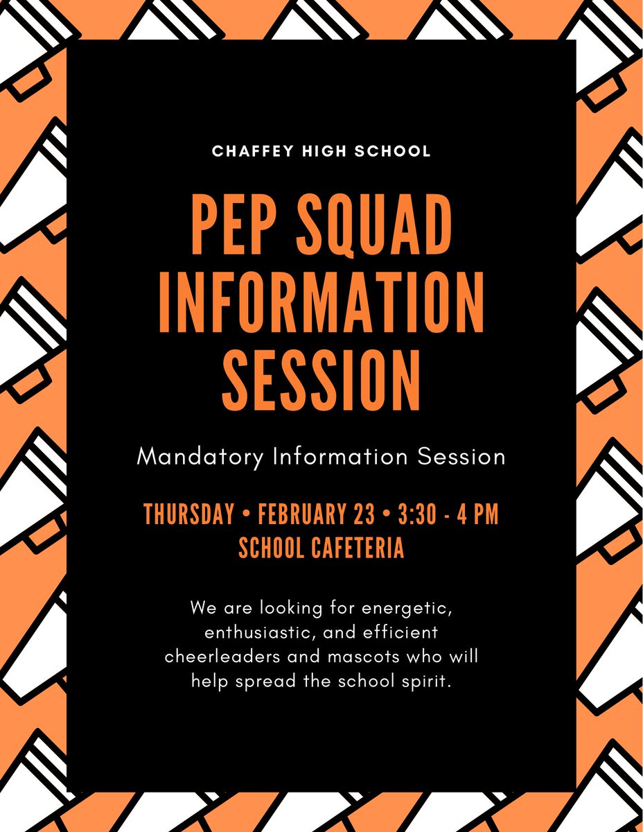 We will be having a mandatory info session on Thursday, February 23 from 3:30-4 pm. If you are a Chaffey student interested in becoming a part of our cheer squads or mascot, please plan on attending to learn more about our 2023-2024 cheer season. See you there!
