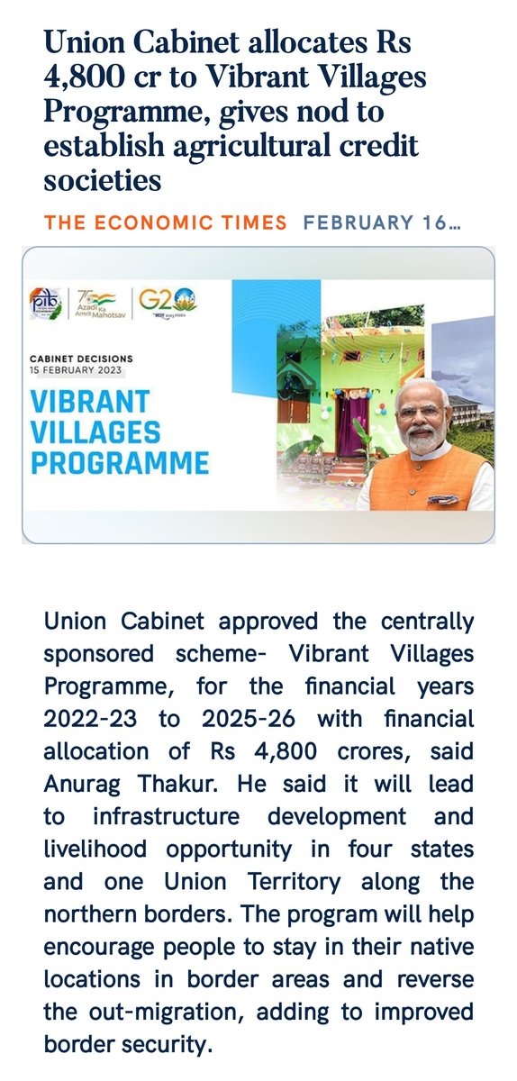 Union Cabinet allocates Rs 4,800 cr to Vibrant Villages Programme, gives nod to establish agricultural credit societies
economictimes.indiatimes.com/news/india/uni…