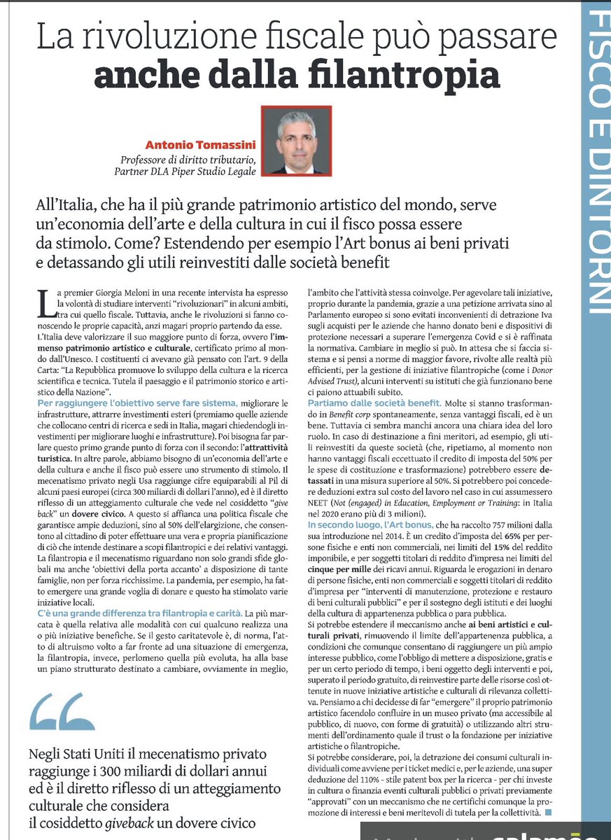 Anto_Tomassini's tweet photo. L’Italia è il Paese con il maggior patrimonio artistico e culturale al mondo,un punto di forza straordinario.Occorre una svolta verso la filantropia,fare sistema,migliorare le infrastrutture,potenziare strumenti come l’artbonus. Su #ilsettimanale @PMI_it del direttore @CBrachino https://t.co/8aqteWW1T3