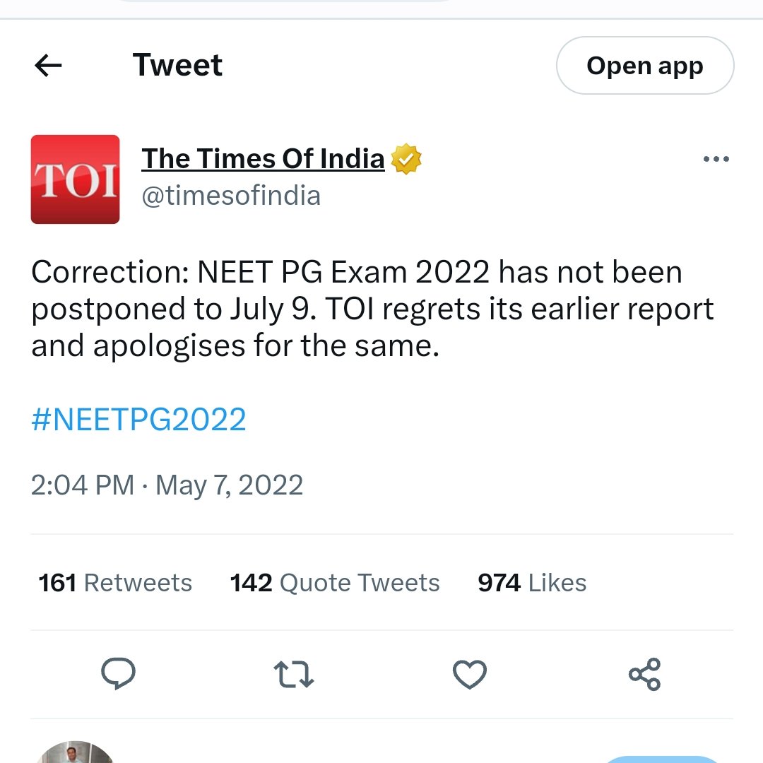 attray_yash's tweet photo. @Ashutos24670793 Don't believe any news published by TOI. Last year too they published a news on their official website that NEETPG2022 has been postponed by 6-8 weeks. Later that news turned out to be fake. TOI even apologized for it.

#neetpg2023postponement https://t.co/hXV8Q82EEa