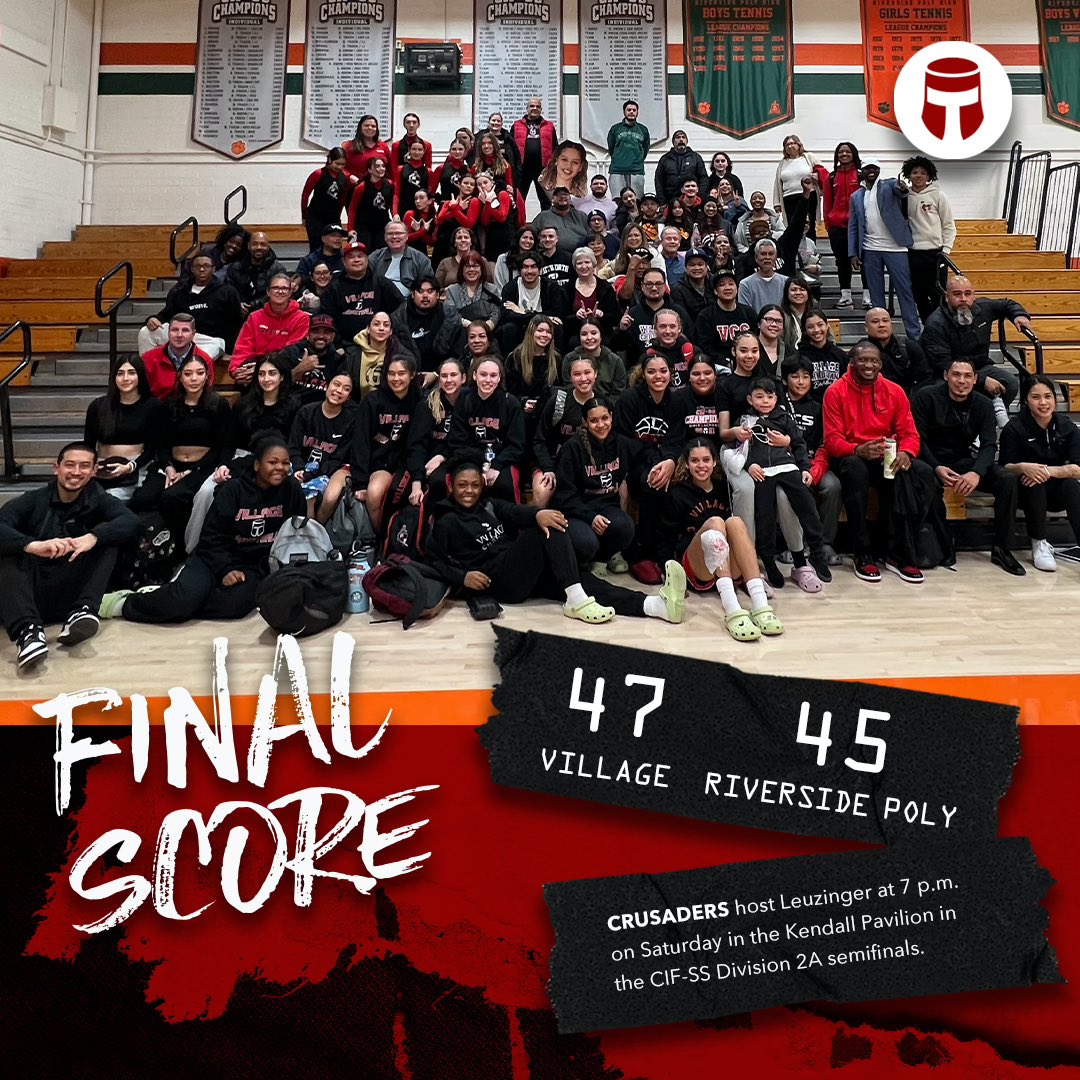VCS Girls Hoops gets the win over Riverside Poly in the CIF-SS quarterfinals!

Layla Davis 13pts, 10rbs, 3asts
Bryanne Lopez-Wood 10pts, 8rbs, 4asts, 4stls
Gizelle Moreno 8pts, 2stls 
Mary Corbett 8pts, 5rebs

Crusaders (25-5) host Leuzinger at 7 p.m. on Saturday in the semis!