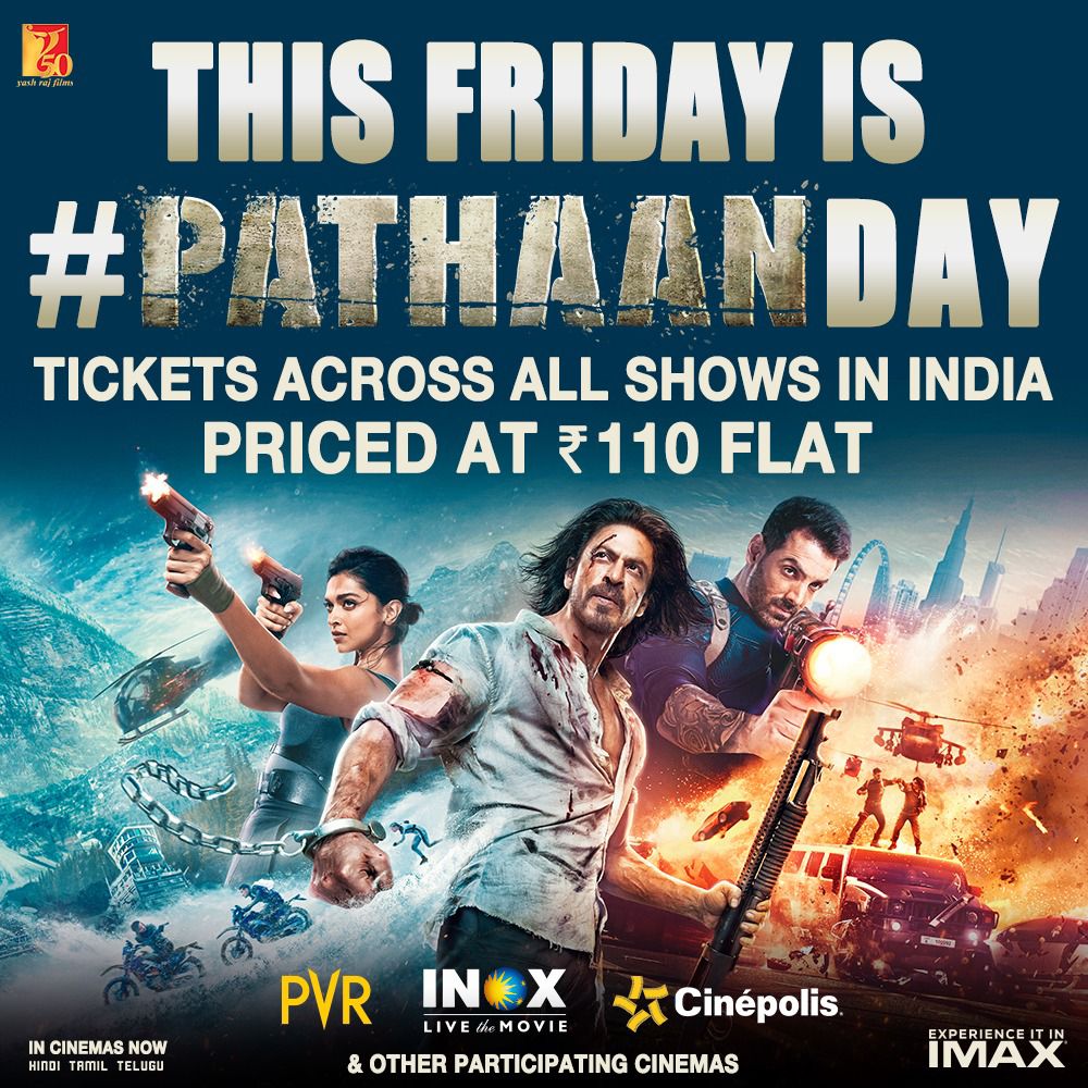 It’s #Pathaan Day in theatres on Friday, all tickets at flat Rs.110 to celebrate this historic blockbuster!

@iamsrk @deepikapadukone @TheJohnAbraham #SiddharthAnand @yrf #CinePeek