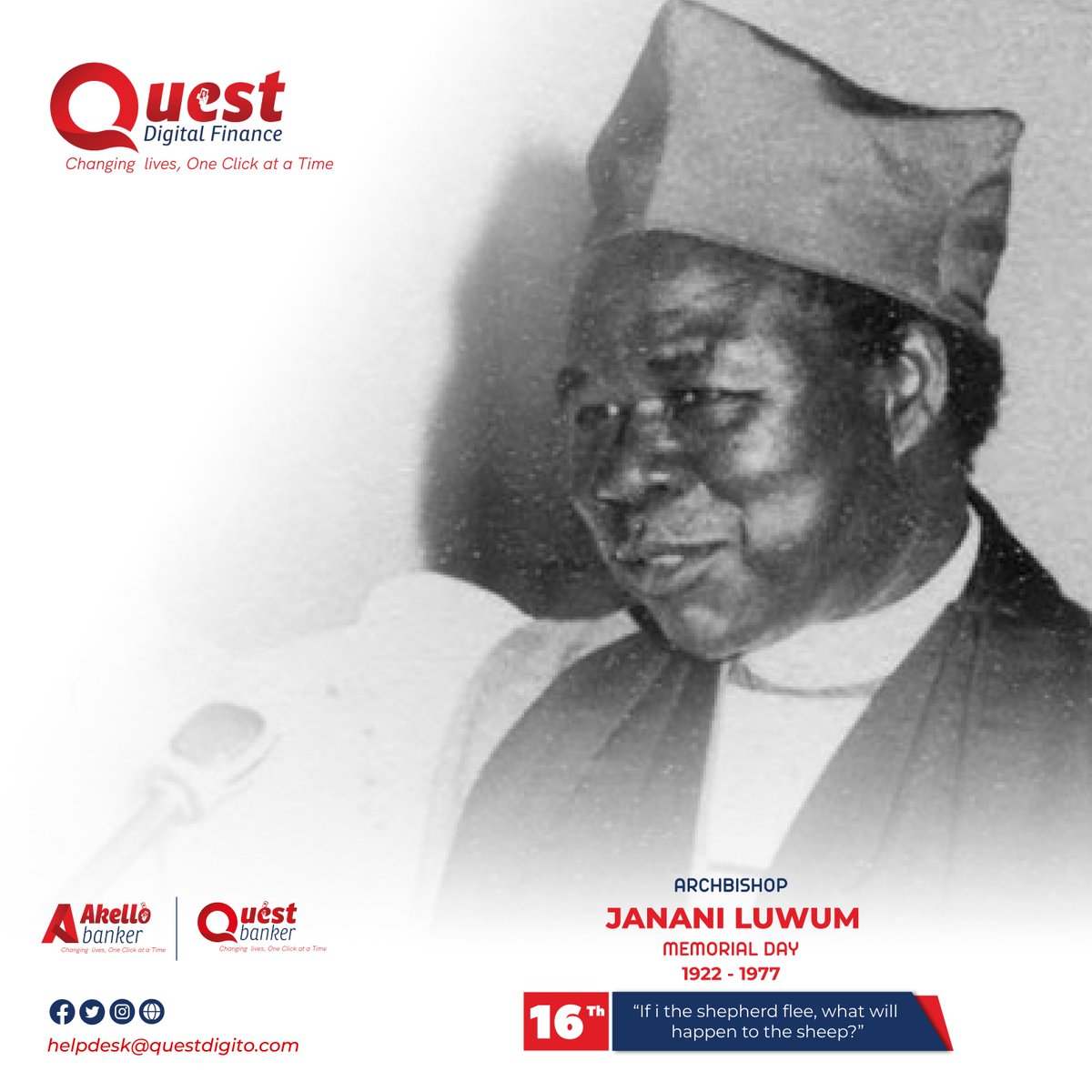 questdigito's tweet photo. Today, we honor Archbishop Janani Luwum for his bravery and unwavering commitment to justice and peace. Happy #JananLuwumDay.
#ChangingLives #OneClickAtAtime https://t.co/F01Rro9wq3