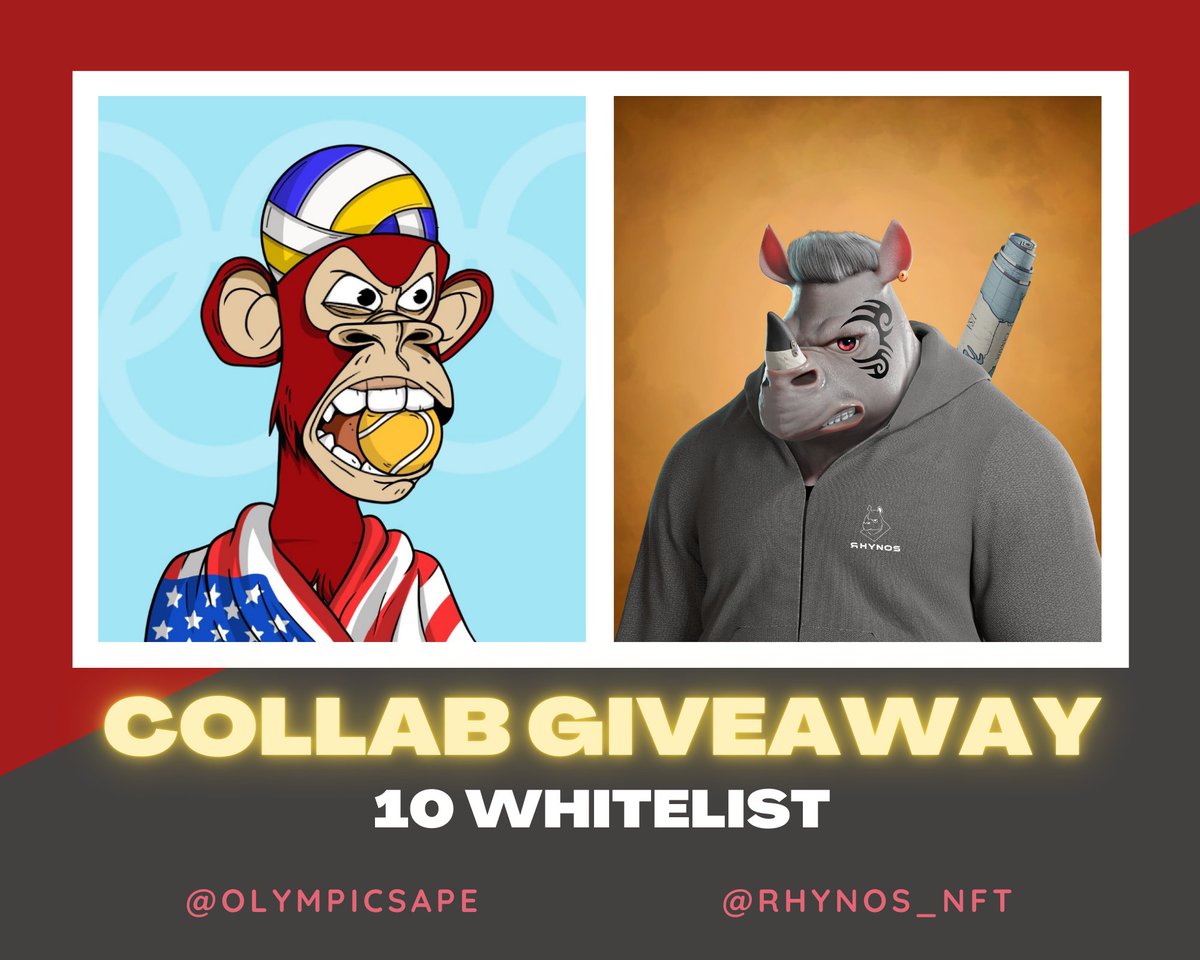 🎁Giveaway🎁

Prizes
🏆10 #FreeMint from <a href="/OlympicsApe/">Bored Ape Olympics</a> 
🏆10 WL from @rhynos_nft

To Enter
1️⃣Follow <a href="/OlympicsApe/">Bored Ape Olympics</a> and @rhynos_nft
2️⃣RT &amp; ❤️
3️⃣Tag 3 friends 

24H⏰

#ETH #NFTCommunity #Cryptoart #Crypto #NFT #openseaart #NFTartists #NFTartwork #NFTshill #openseaartists
